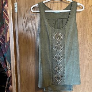 Olive green tank with front lace and geometric detail